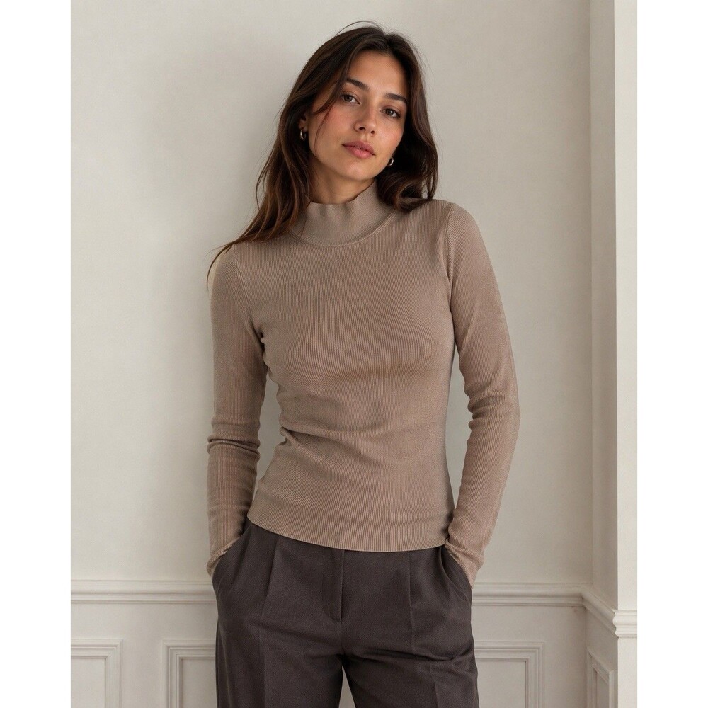 IRO Kambaly Sweater Women S Beige Ribbed Cotton Mock Neck Top Quiet Luxury